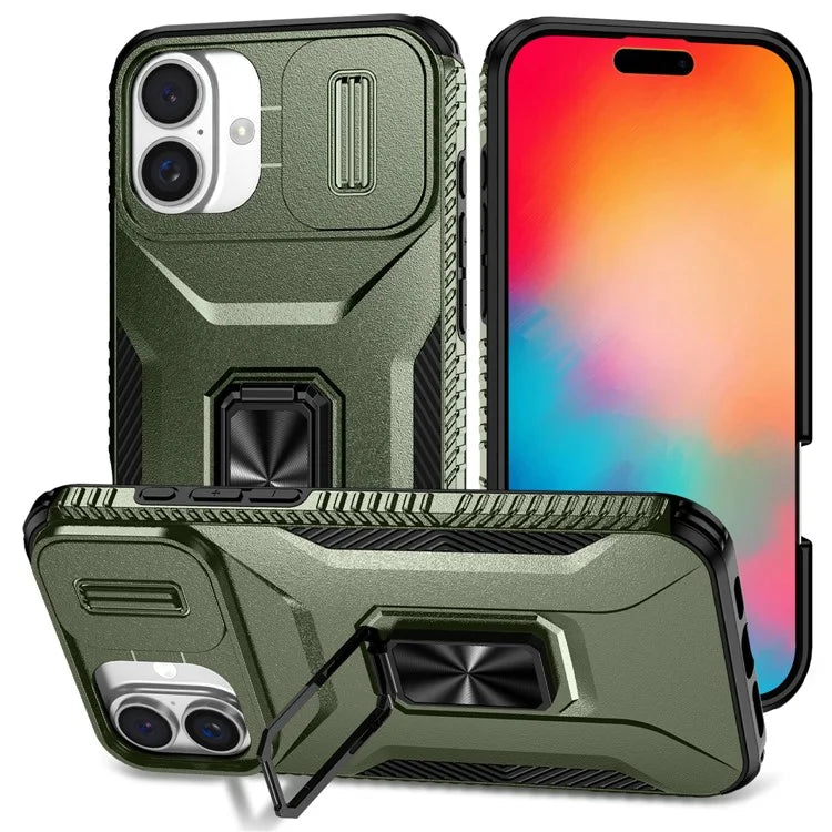 For iPhone 16 Plus Case TPU+PC Kickstand Slide Lens Lid Phone Cover