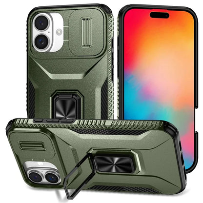 For iPhone 16 Plus Case TPU+PC Kickstand Slide Lens Lid Phone Cover