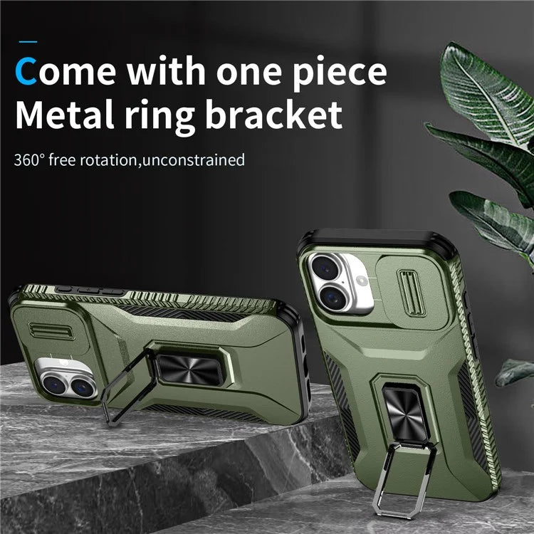 For iPhone 16 Plus Case TPU+PC Kickstand Slide Lens Lid Phone Cover