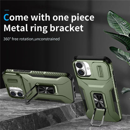 For iPhone 16 Plus Case TPU+PC Kickstand Slide Lens Lid Phone Cover