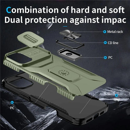 For iPhone 16 Plus Case TPU+PC Kickstand Slide Lens Lid Phone Cover