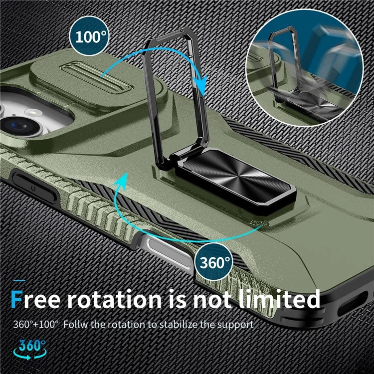 For iPhone 16 Plus Case TPU+PC Kickstand Slide Lens Lid Phone Cover
