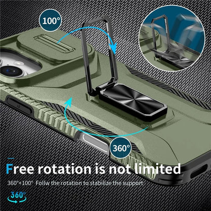 For iPhone 16 Plus Case TPU+PC Kickstand Slide Lens Lid Phone Cover