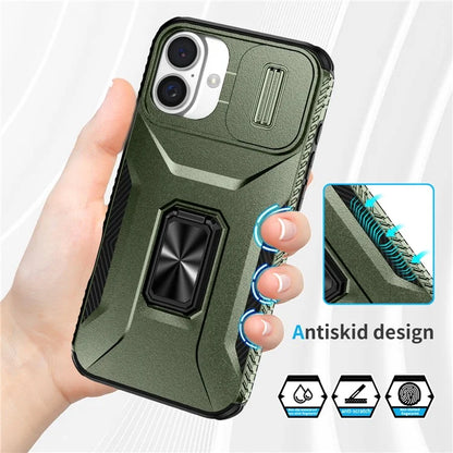 For iPhone 16 Plus Case TPU+PC Kickstand Slide Lens Lid Phone Cover