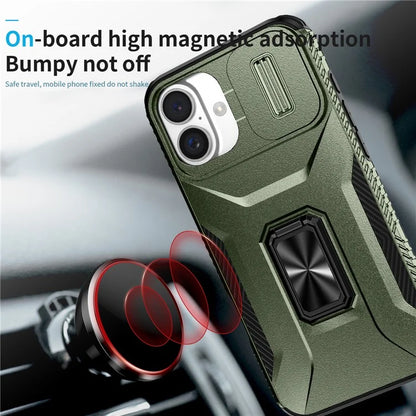For iPhone 16 Plus Case TPU+PC Kickstand Slide Lens Lid Phone Cover