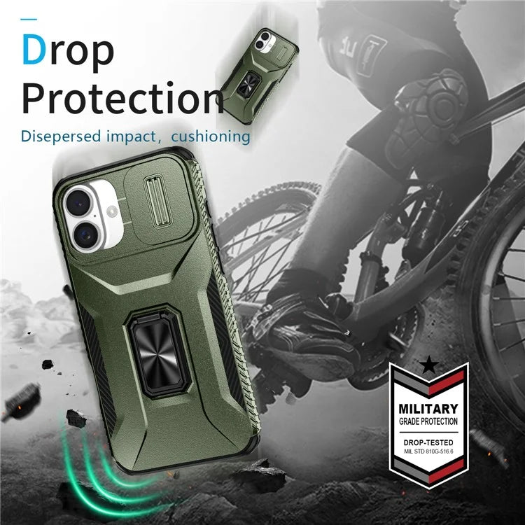 For iPhone 16 Plus Case TPU+PC Kickstand Slide Lens Lid Phone Cover