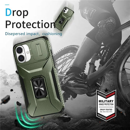 For iPhone 16 Plus Case TPU+PC Kickstand Slide Lens Lid Phone Cover