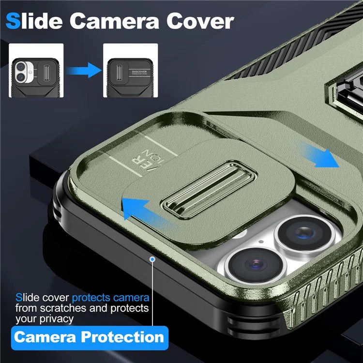 For iPhone 16 Plus Case TPU+PC Kickstand Slide Lens Lid Phone Cover