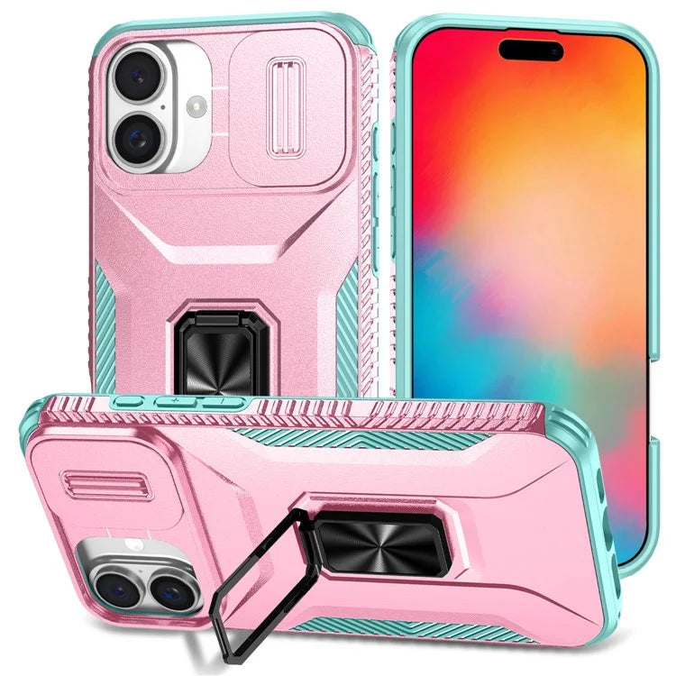 For iPhone 16 Plus Case TPU+PC Kickstand Slide Lens Lid Phone Cover