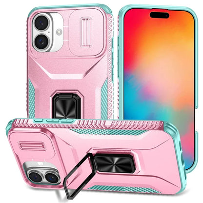 For iPhone 16 Plus Case TPU+PC Kickstand Slide Lens Lid Phone Cover