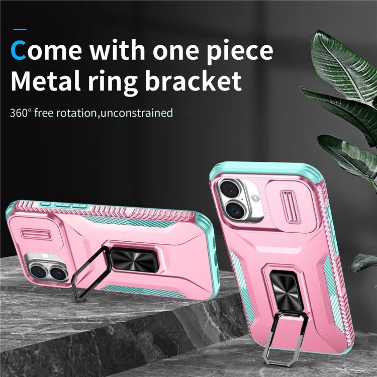 For iPhone 16 Plus Case TPU+PC Kickstand Slide Lens Lid Phone Cover