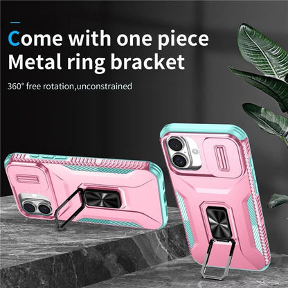 For iPhone 16 Plus Case TPU+PC Kickstand Slide Lens Lid Phone Cover