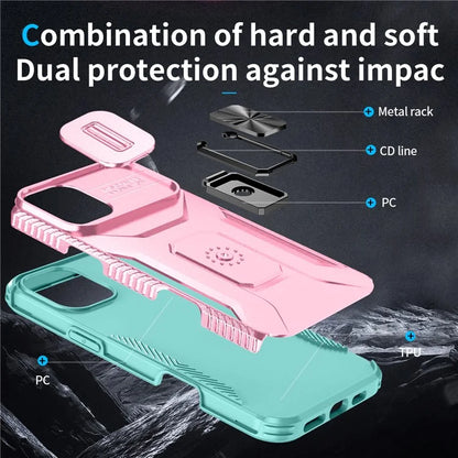 For iPhone 16 Plus Case TPU+PC Kickstand Slide Lens Lid Phone Cover