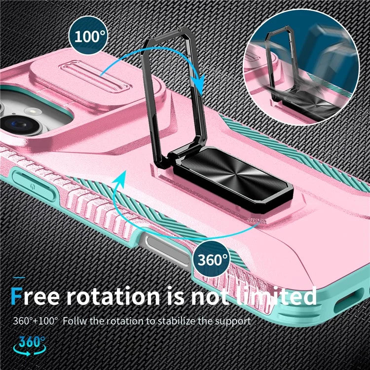 For iPhone 16 Plus Case TPU+PC Kickstand Slide Lens Lid Phone Cover