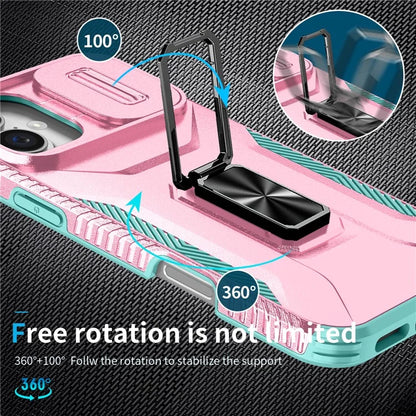 For iPhone 16 Plus Case TPU+PC Kickstand Slide Lens Lid Phone Cover