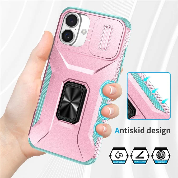 For iPhone 16 Plus Case TPU+PC Kickstand Slide Lens Lid Phone Cover