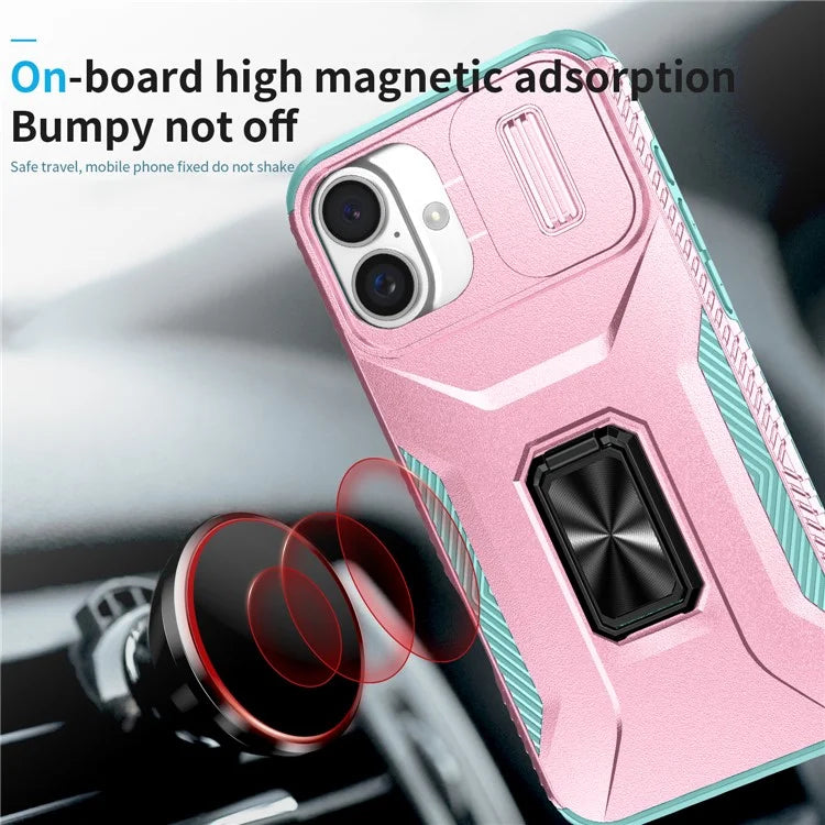 For iPhone 16 Plus Case TPU+PC Kickstand Slide Lens Lid Phone Cover