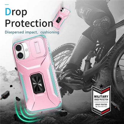 For iPhone 16 Plus Case TPU+PC Kickstand Slide Lens Lid Phone Cover