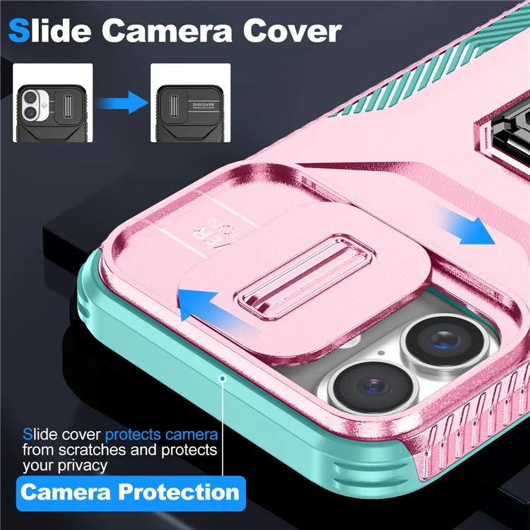 For iPhone 16 Plus Case TPU+PC Kickstand Slide Lens Lid Phone Cover
