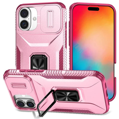 For iPhone 16 Plus Case TPU+PC Kickstand Slide Lens Lid Phone Cover