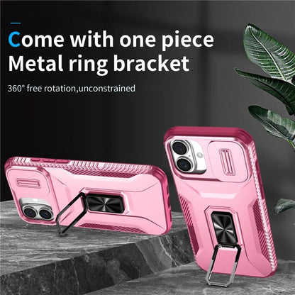 For iPhone 16 Plus Case TPU+PC Kickstand Slide Lens Lid Phone Cover