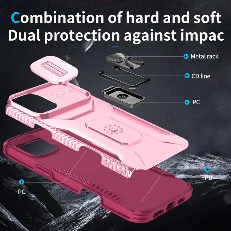 For iPhone 16 Plus Case TPU+PC Kickstand Slide Lens Lid Phone Cover