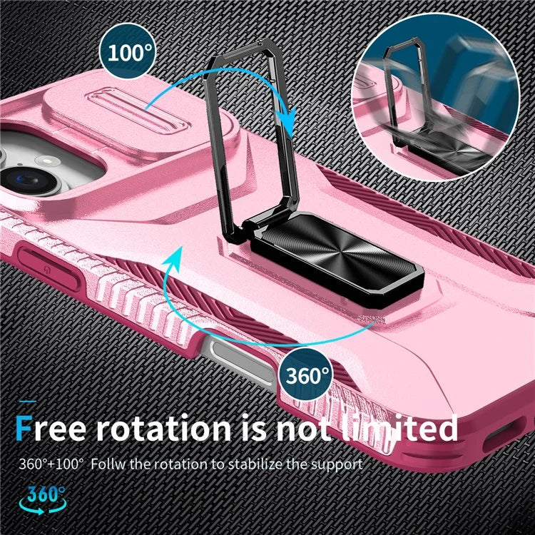 For iPhone 16 Plus Case TPU+PC Kickstand Slide Lens Lid Phone Cover
