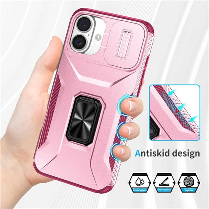 For iPhone 16 Plus Case TPU+PC Kickstand Slide Lens Lid Phone Cover