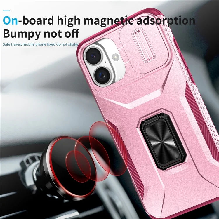 For iPhone 16 Plus Case TPU+PC Kickstand Slide Lens Lid Phone Cover