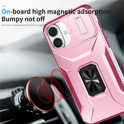 For iPhone 16 Plus Case TPU+PC Kickstand Slide Lens Lid Phone Cover