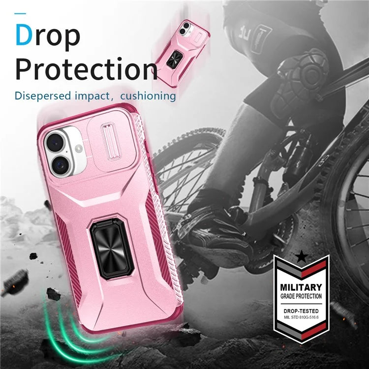 For iPhone 16 Plus Case TPU+PC Kickstand Slide Lens Lid Phone Cover