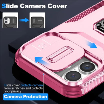 For iPhone 16 Plus Case TPU+PC Kickstand Slide Lens Lid Phone Cover