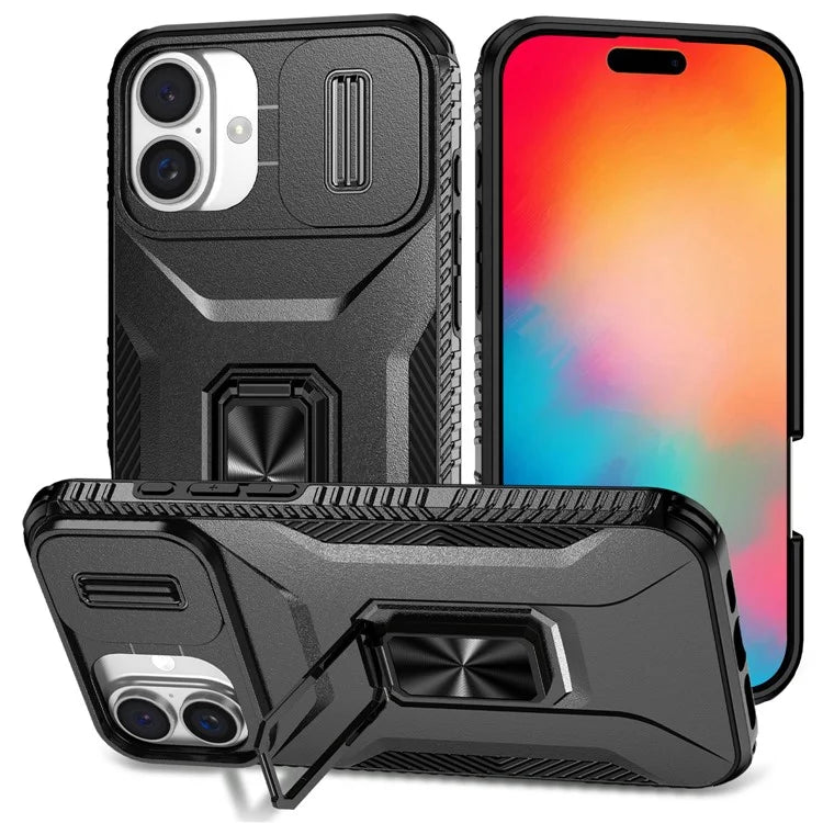 For iPhone 16 Plus Case TPU+PC Kickstand Slide Lens Lid Phone Cover