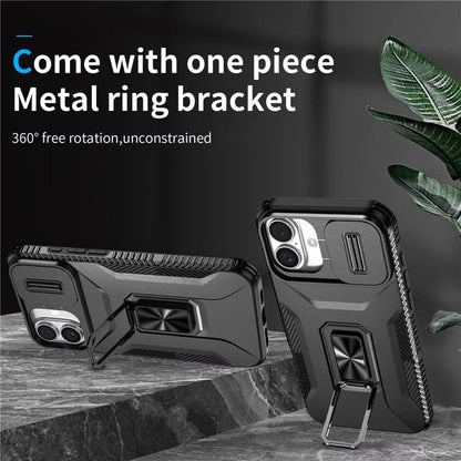 For iPhone 16 Plus Case TPU+PC Kickstand Slide Lens Lid Phone Cover