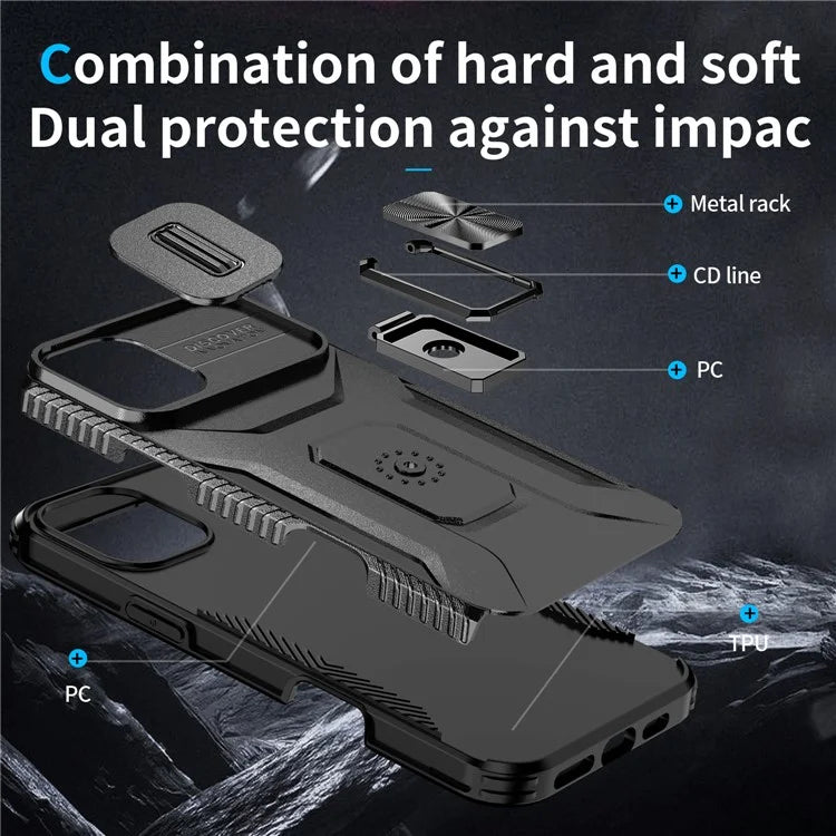 For iPhone 16 Plus Case TPU+PC Kickstand Slide Lens Lid Phone Cover