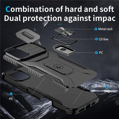 For iPhone 16 Plus Case TPU+PC Kickstand Slide Lens Lid Phone Cover