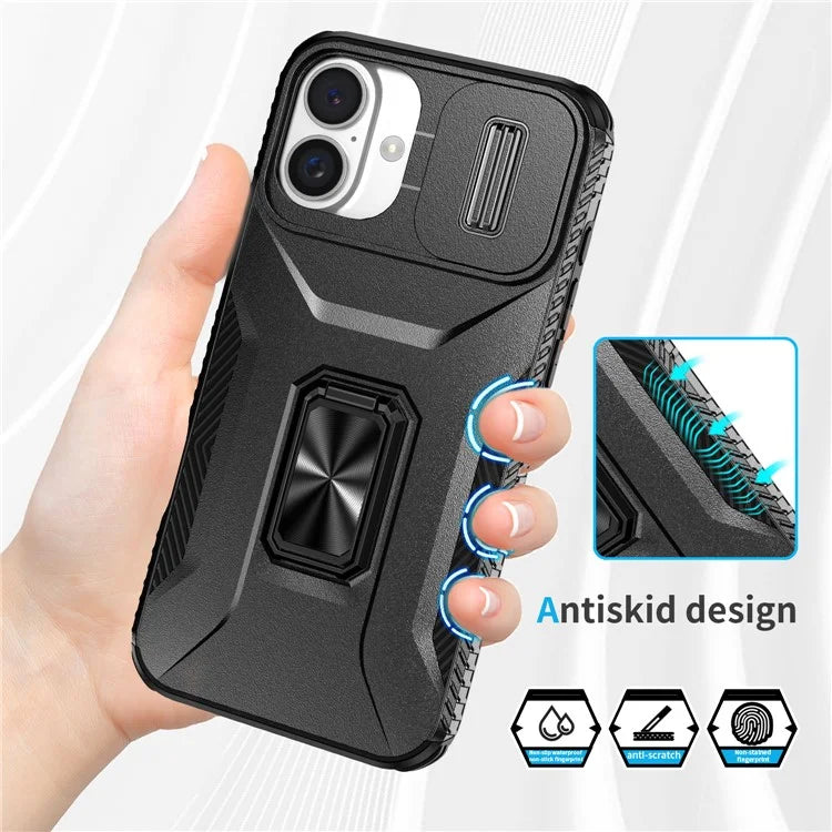 For iPhone 16 Plus Case TPU+PC Kickstand Slide Lens Lid Phone Cover