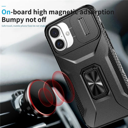 For iPhone 16 Plus Case TPU+PC Kickstand Slide Lens Lid Phone Cover