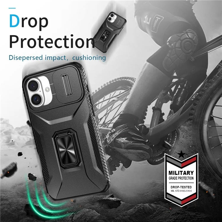For iPhone 16 Plus Case TPU+PC Kickstand Slide Lens Lid Phone Cover