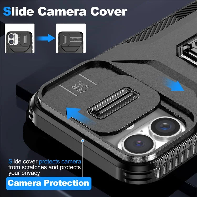 For iPhone 16 Plus Case TPU+PC Kickstand Slide Lens Lid Phone Cover