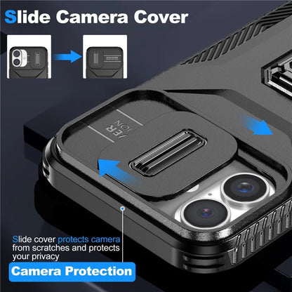 For iPhone 16 Plus Case TPU+PC Kickstand Slide Lens Lid Phone Cover
