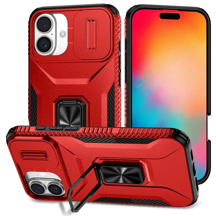 For iPhone 16 Plus Case TPU+PC Kickstand Slide Lens Lid Phone Cover
