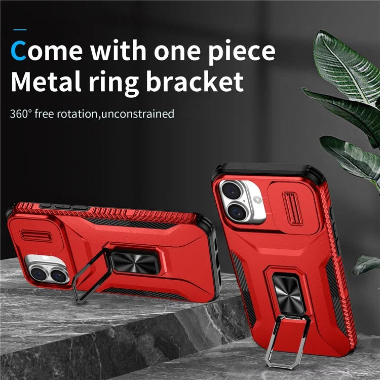 For iPhone 16 Plus Case TPU+PC Kickstand Slide Lens Lid Phone Cover