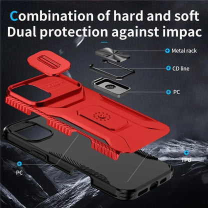 For iPhone 16 Plus Case TPU+PC Kickstand Slide Lens Lid Phone Cover