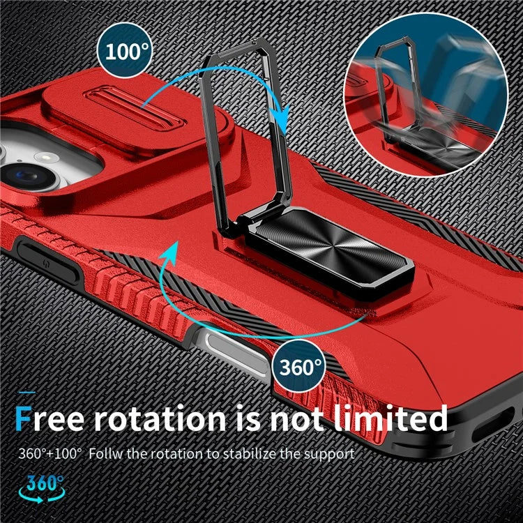 For iPhone 16 Plus Case TPU+PC Kickstand Slide Lens Lid Phone Cover