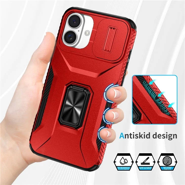 For iPhone 16 Plus Case TPU+PC Kickstand Slide Lens Lid Phone Cover
