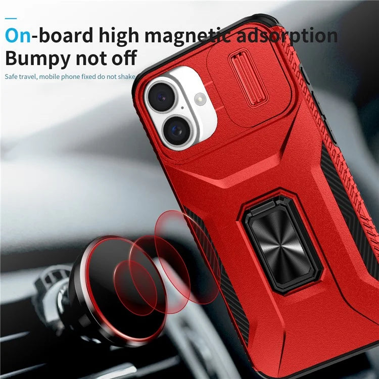 For iPhone 16 Plus Case TPU+PC Kickstand Slide Lens Lid Phone Cover