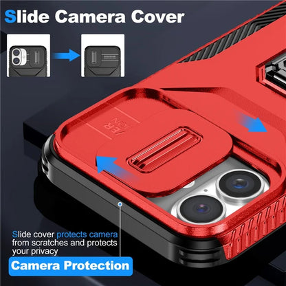 For iPhone 16 Plus Case TPU+PC Kickstand Slide Lens Lid Phone Cover