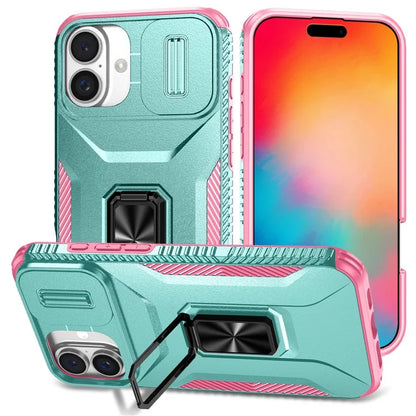 For iPhone 16 Plus Case TPU+PC Kickstand Slide Lens Lid Phone Cover