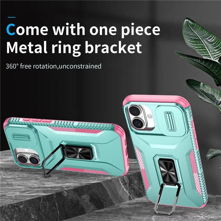For iPhone 16 Plus Case TPU+PC Kickstand Slide Lens Lid Phone Cover